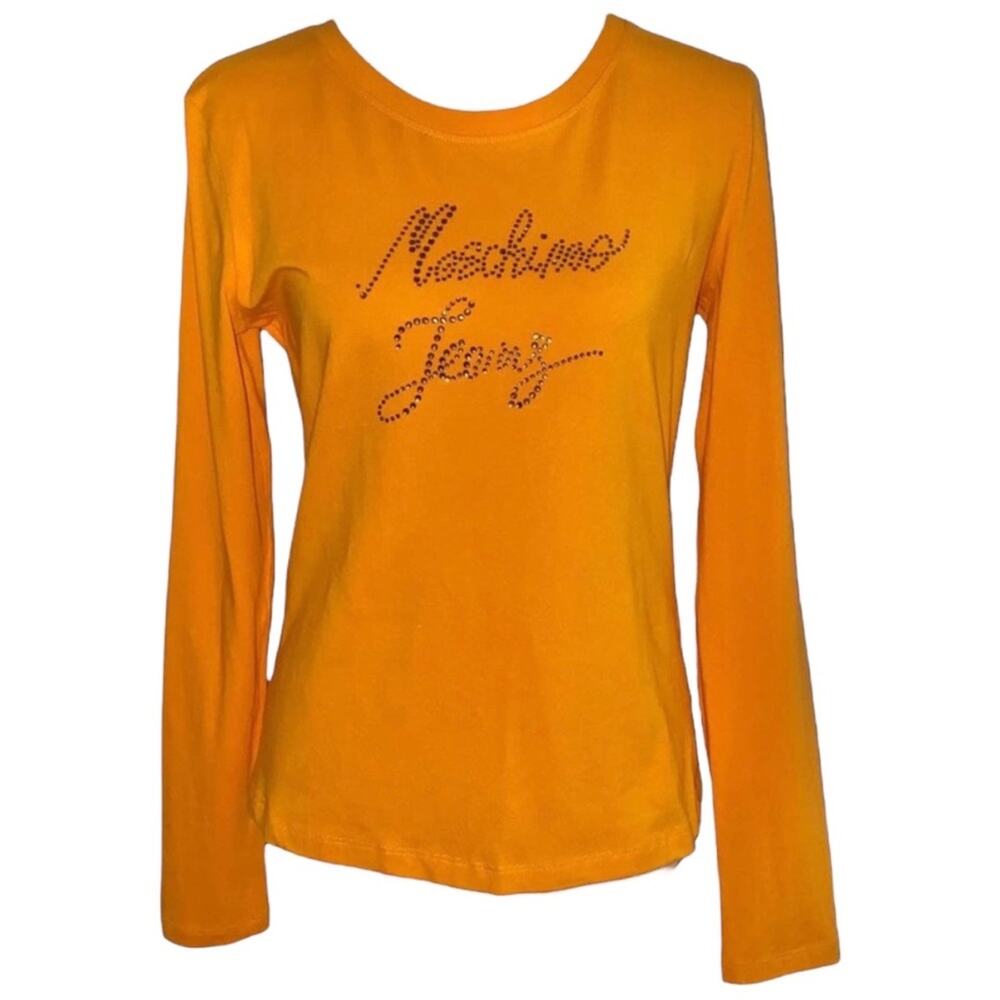 L VTG Moschino Jeans Rhinestone Crystal Logo Basic Solid Orange TShirt Top Tee